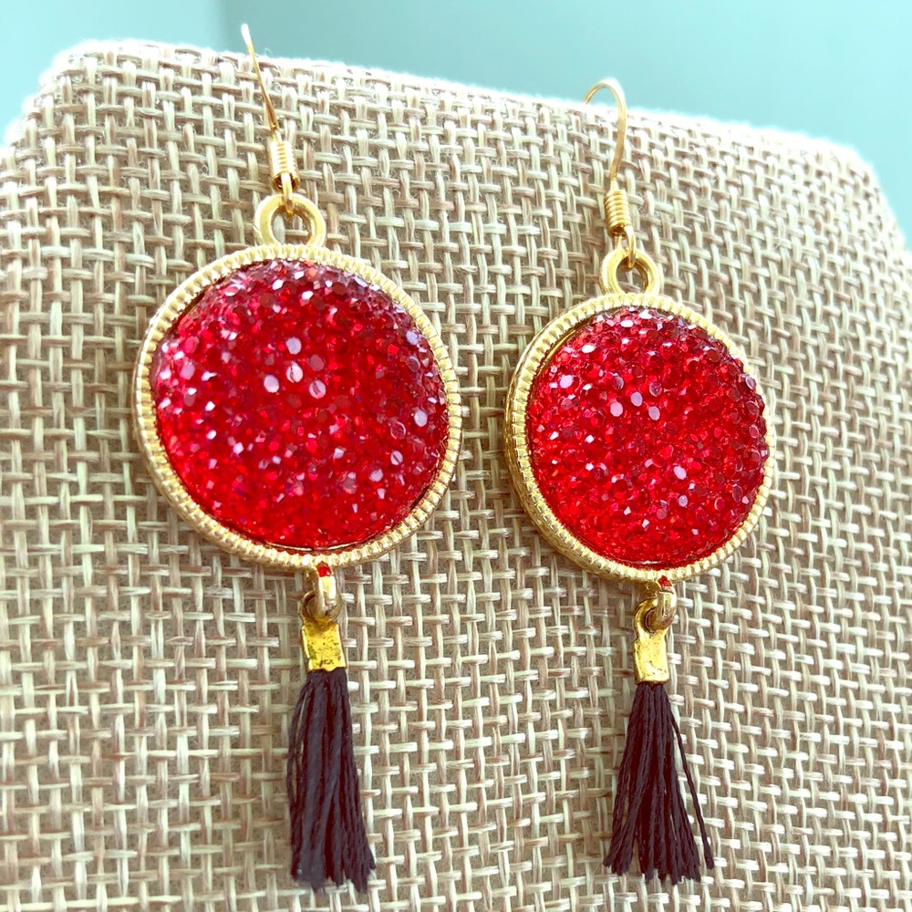 Ruby red sparkle earrings w/ black petite tassels